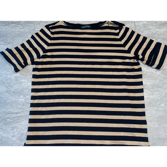 Lauren Ralph Lauren 1X Black Metallic Gold Striped Short Sleeve Resort Cruise - Picture 8 of 9